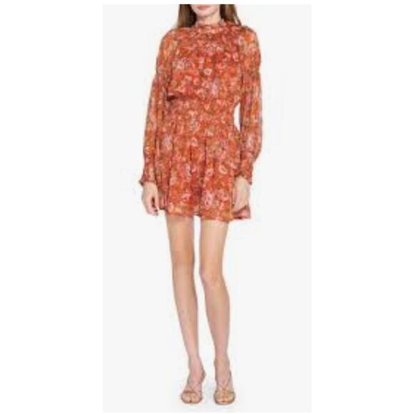 En Saison Smocked Floral Print Mini Dress In Orange Multi Womens Large - Picture 1 of 16